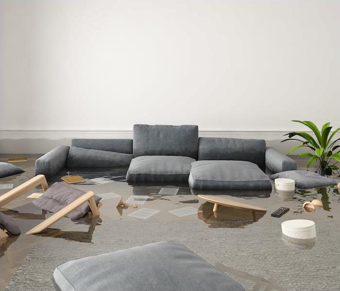 A flooded Living Room showing furniture submerged in water, with objects such as a TV remote control floating in the water. 